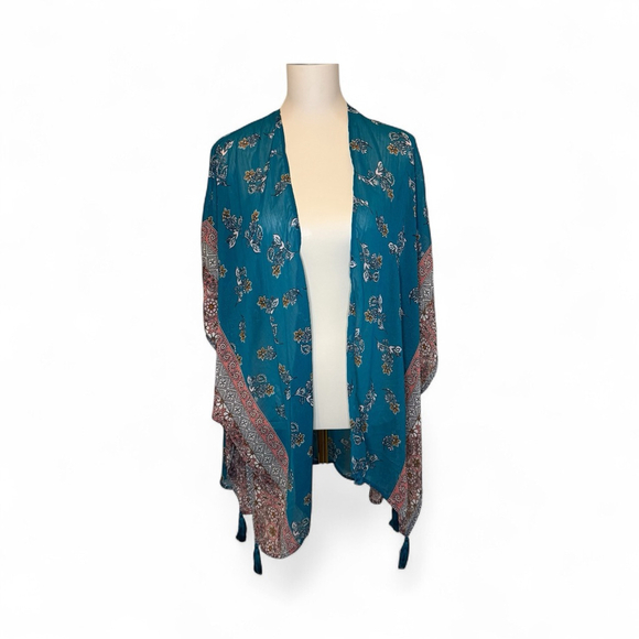 Unbranded Sweaters - Women's Teal Peach Gold Floral Kimono with Tassels M Lace Open Cardigan